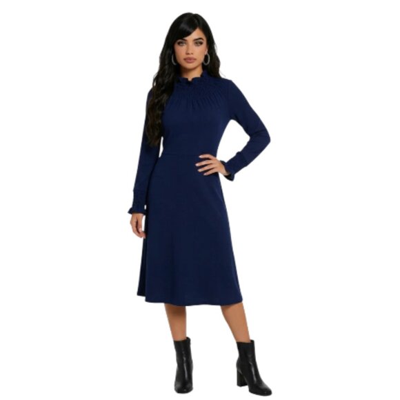 The Fold Dresses & Skirts - The Fold Size 8 Mock Ruffle Neck Long Sleeve Navy Virgin Wool Dress
